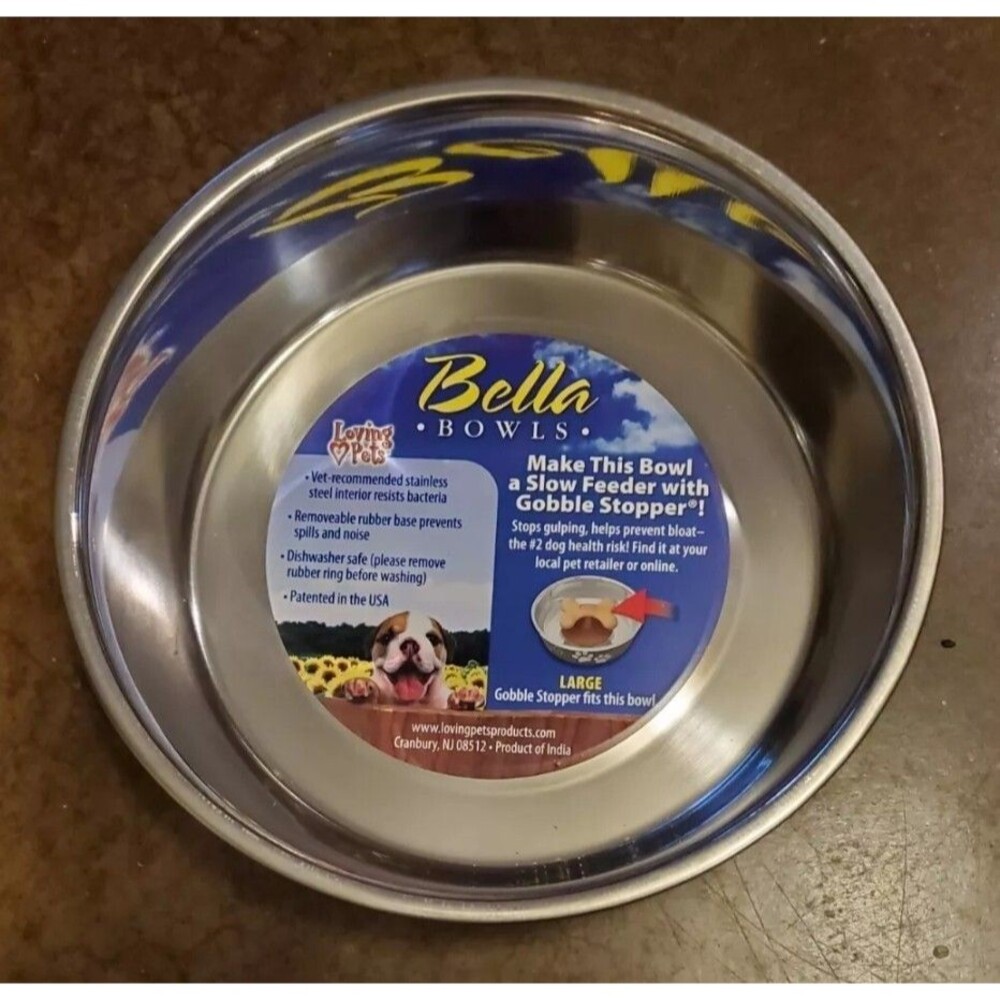 Large Bella Dog Bowl Murano Blue Stainless Steel, Removable Rubber Base USA New